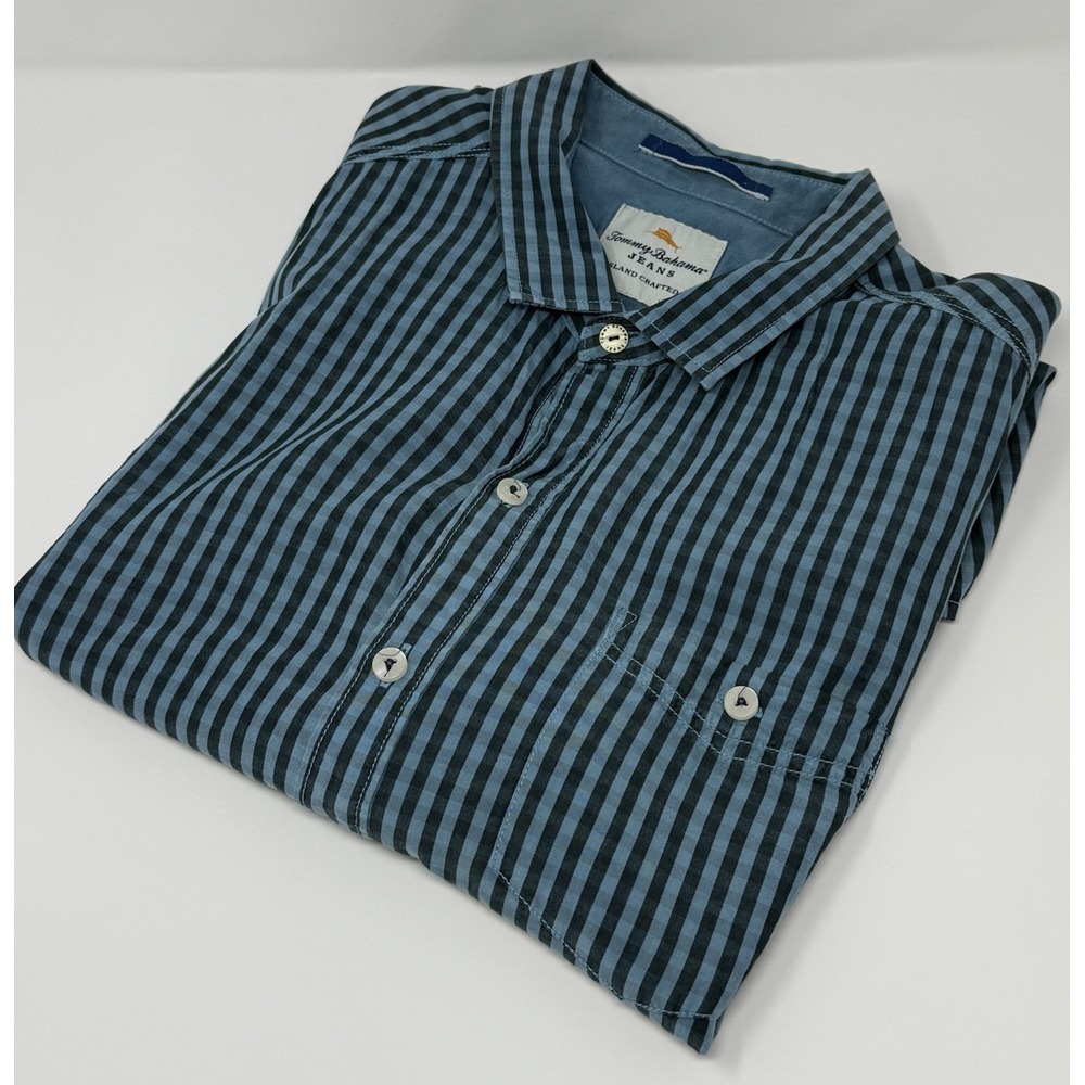 Tommy Bahama Jeans Mens Large Blue Check Tencel Short Sleeve Button Down Shirt